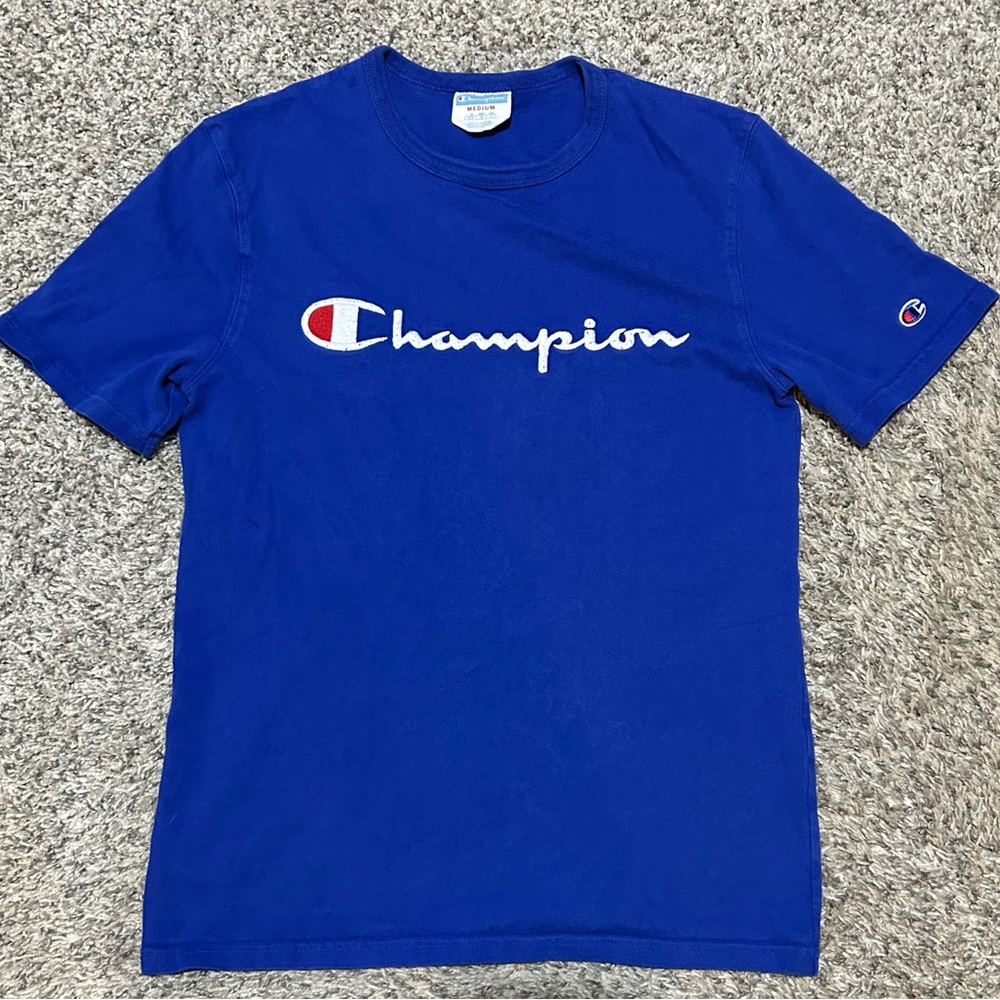 90s Champion T-Shirt Vintage Embroidered Blue Medium